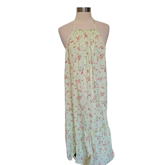 Zara Light Green Floral Halter Tiered Ruffle Maxi Dress Size Medium Cotton - Picture 1 of 9